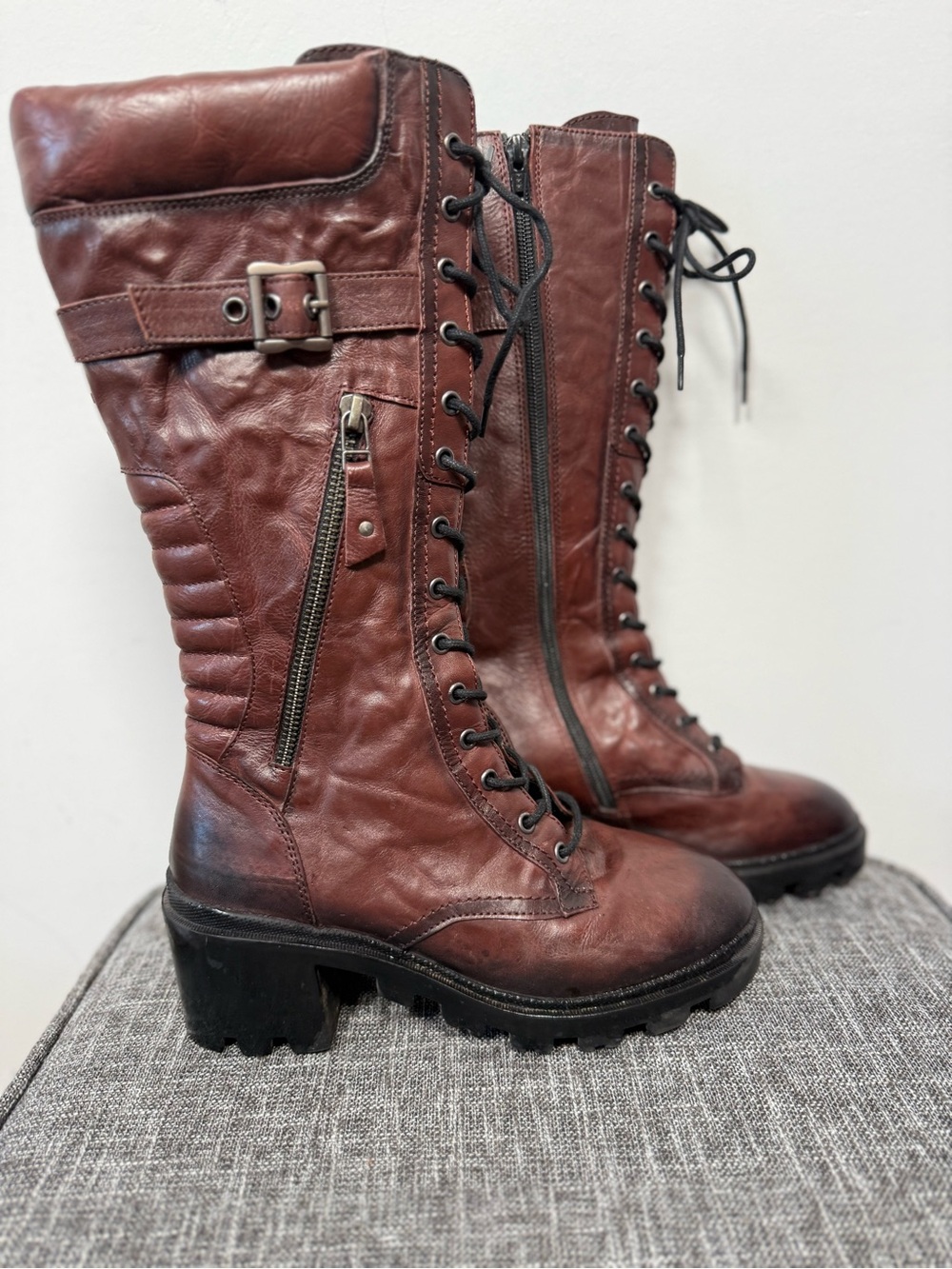 Vintage Foundry Co Valencia Brown Leather Tall Combat Moto Boots Size 6.5